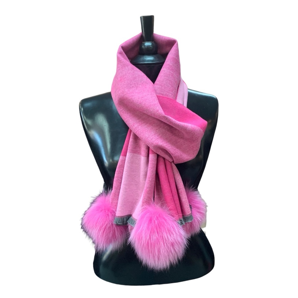 Checkered Patterned Genuine Fox Fur Pom Pom Scarf